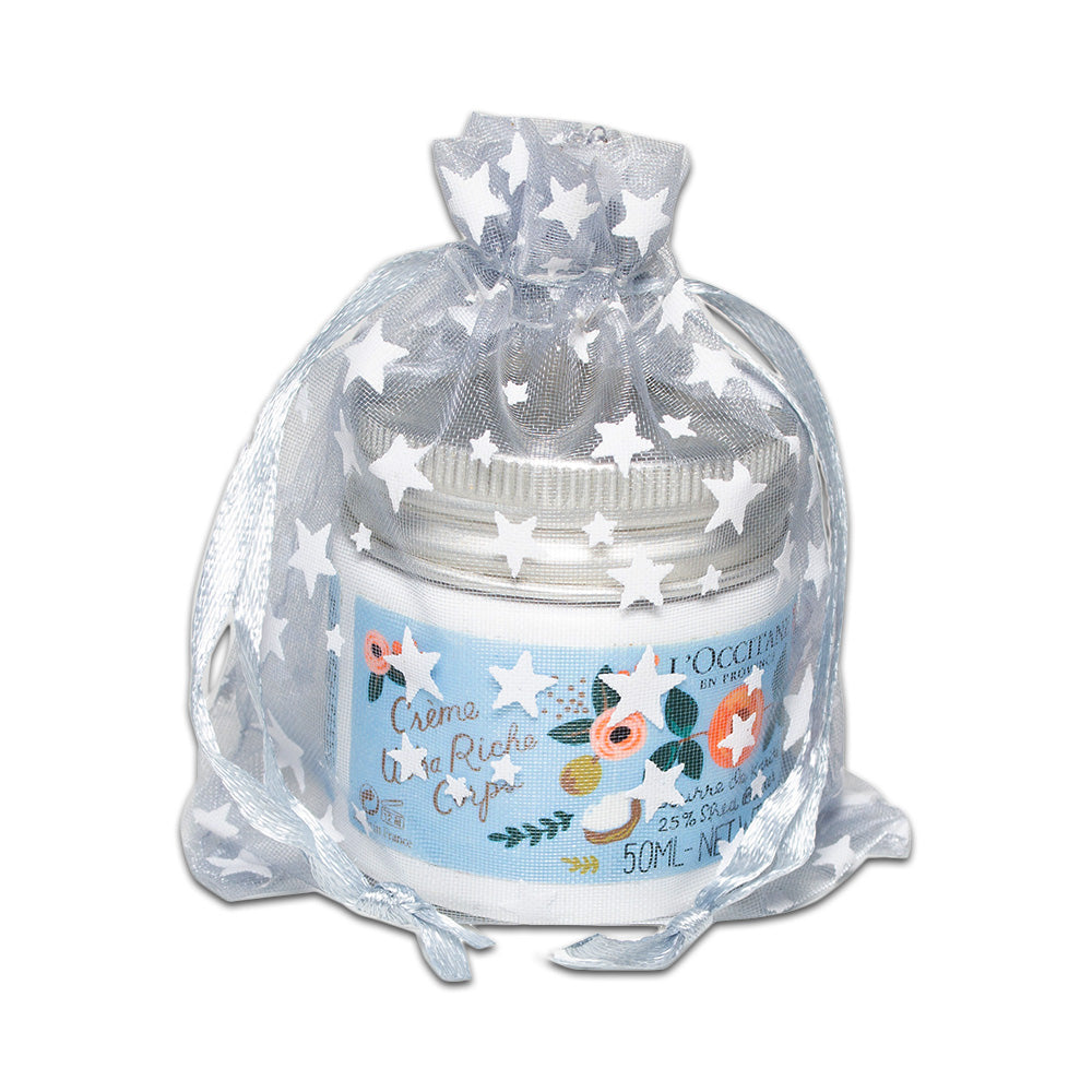 Silver with White Star Organza Drawstring Pouch Gift Bags