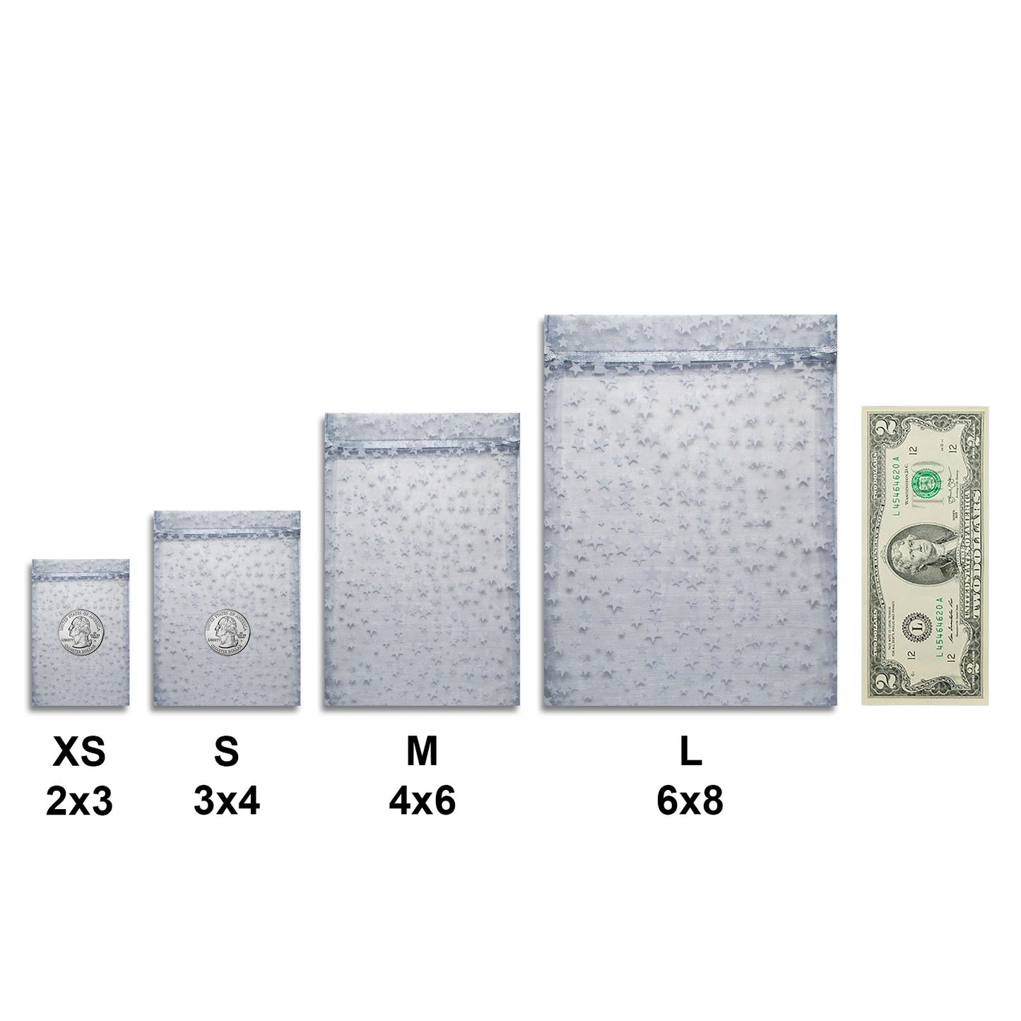 Silver with White Star Organza Drawstring Pouch Gift Bags