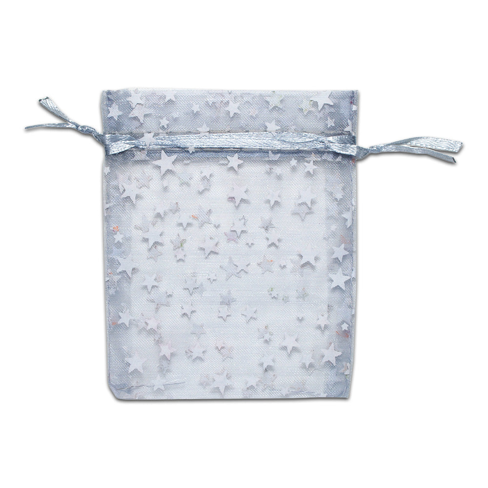 Silver with White Star Organza Drawstring Pouch Gift Bags
