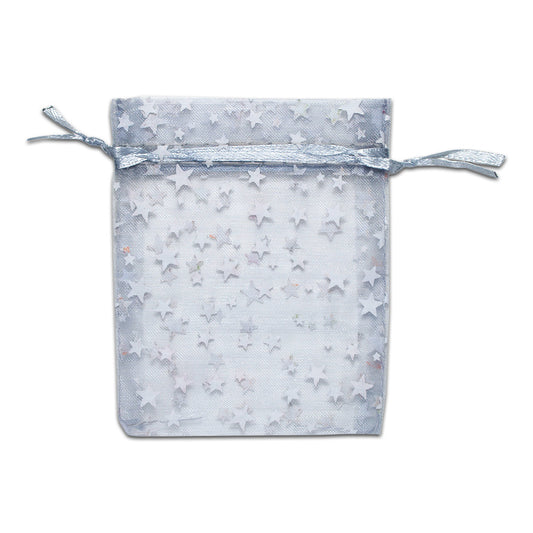 Silver with White Star Organza Drawstring Pouch Gift Bags