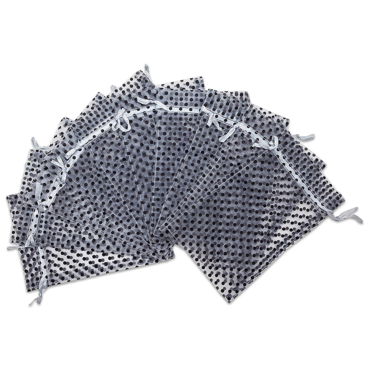 Silver with Black Polka Dot Organza Drawstring Pouch Gift Bags