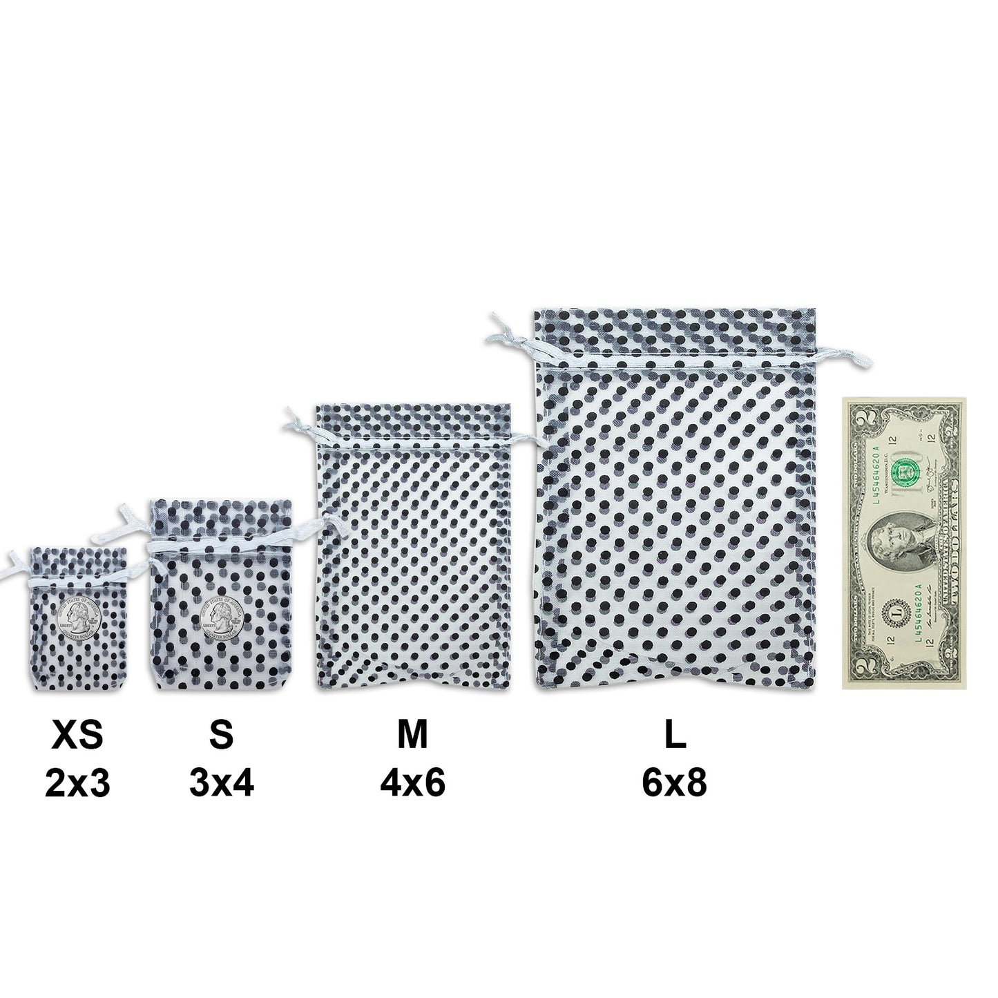Silver with Black Polka Dot Organza Drawstring Pouch Gift Bags