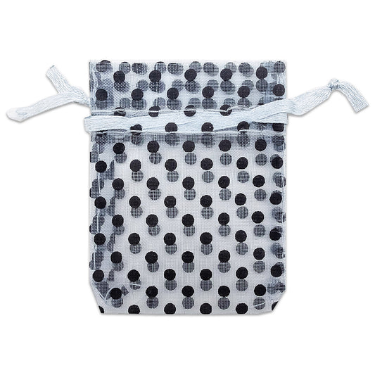 Silver with Black Polka Dot Organza Drawstring Pouch Gift Bags