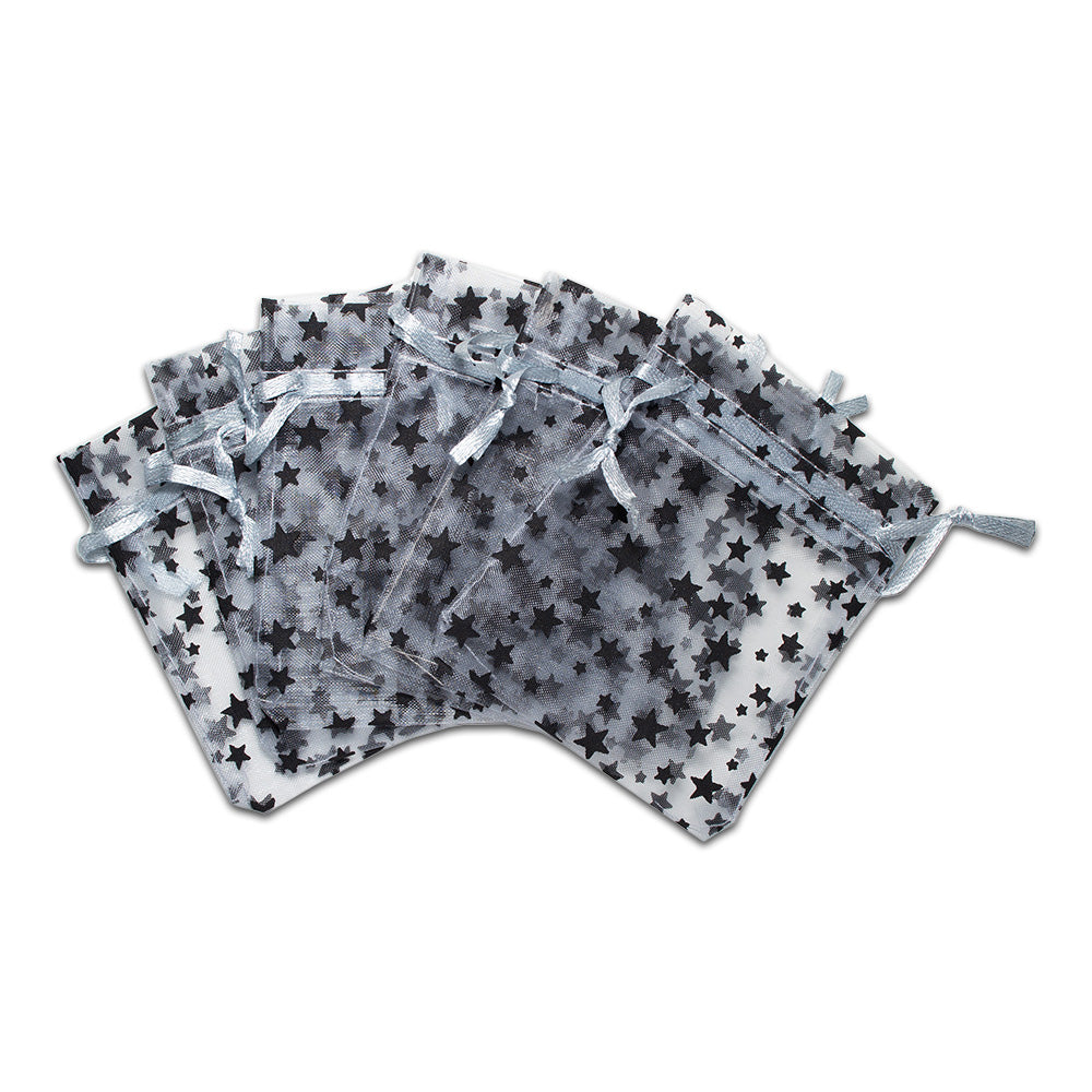 Silver with Black Star Organza Drawstring Pouch Gift Bags