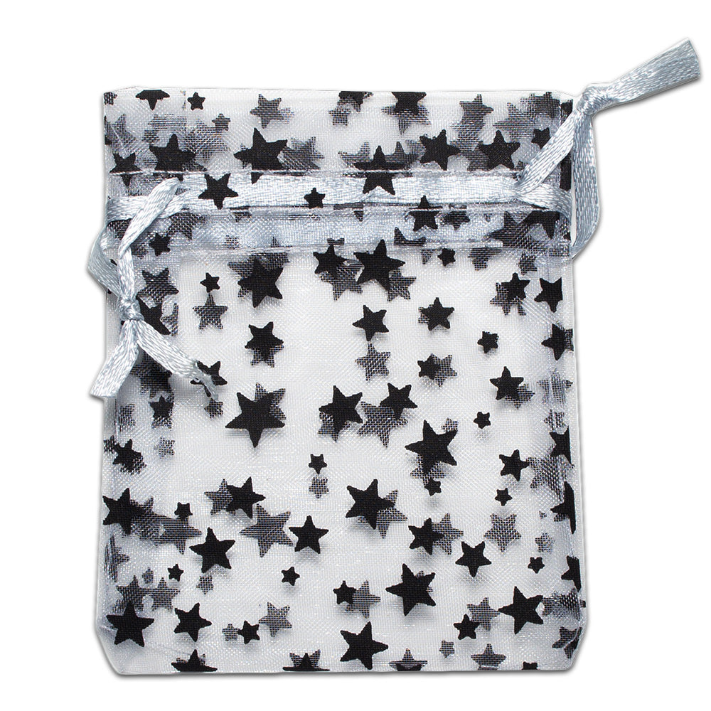 Silver with Black Star Organza Drawstring Pouch Gift Bags
