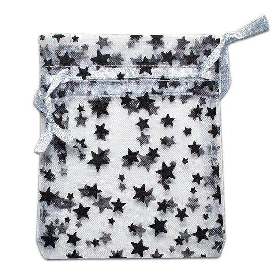 Silver with Black Star Organza Drawstring Pouch Gift Bags