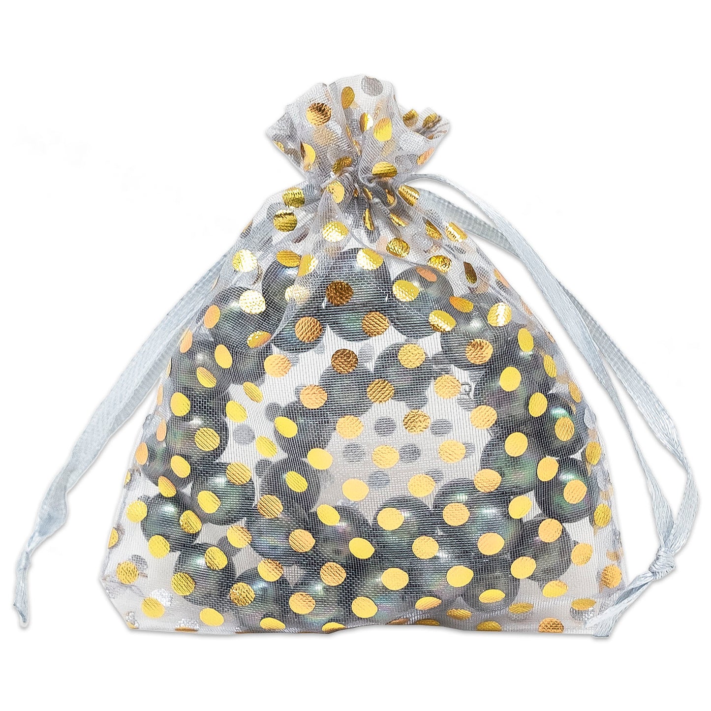 Silver with Gold Polka Dot Organza Drawstring Pouch Gift Bags
