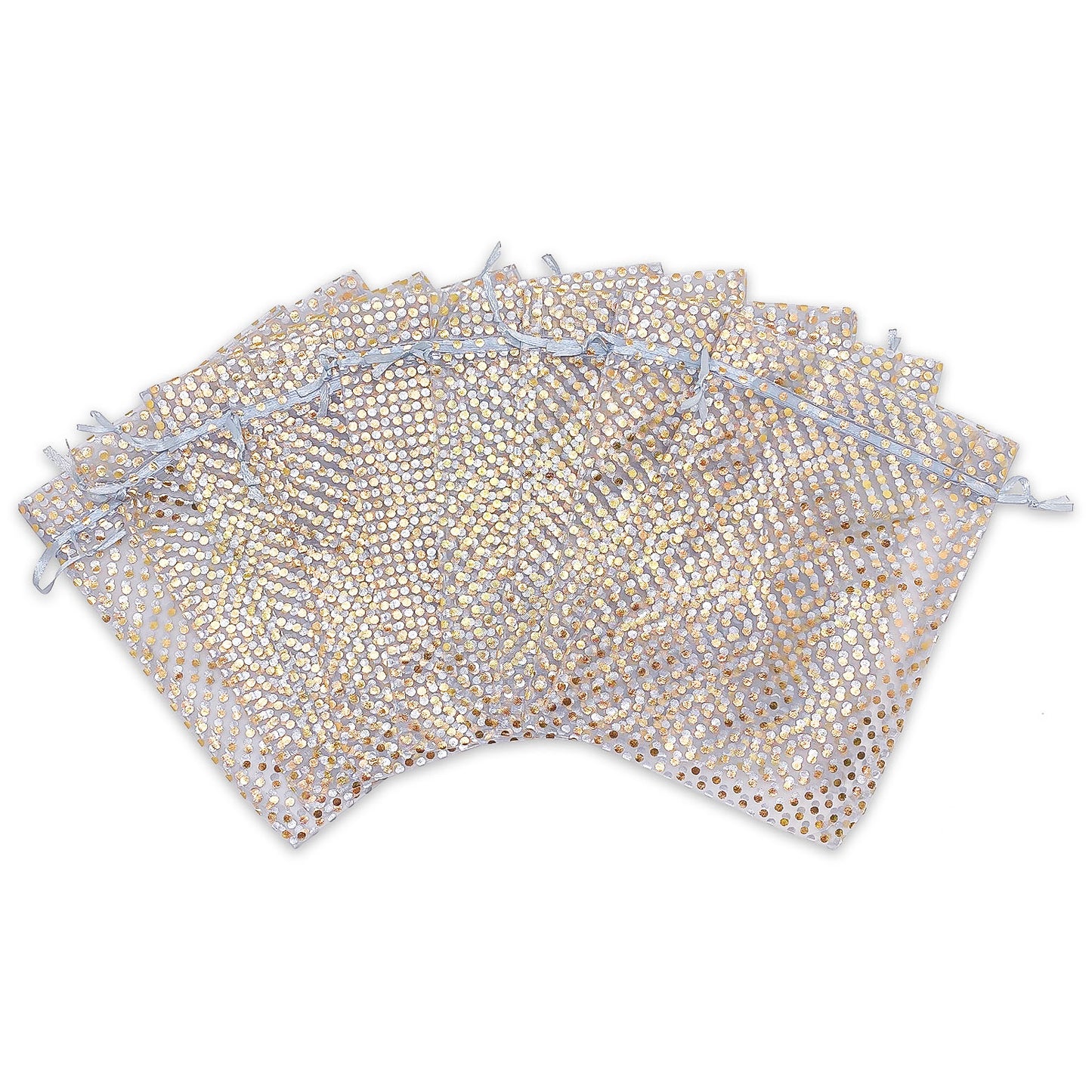 Silver with Gold Polka Dot Organza Drawstring Pouch Gift Bags