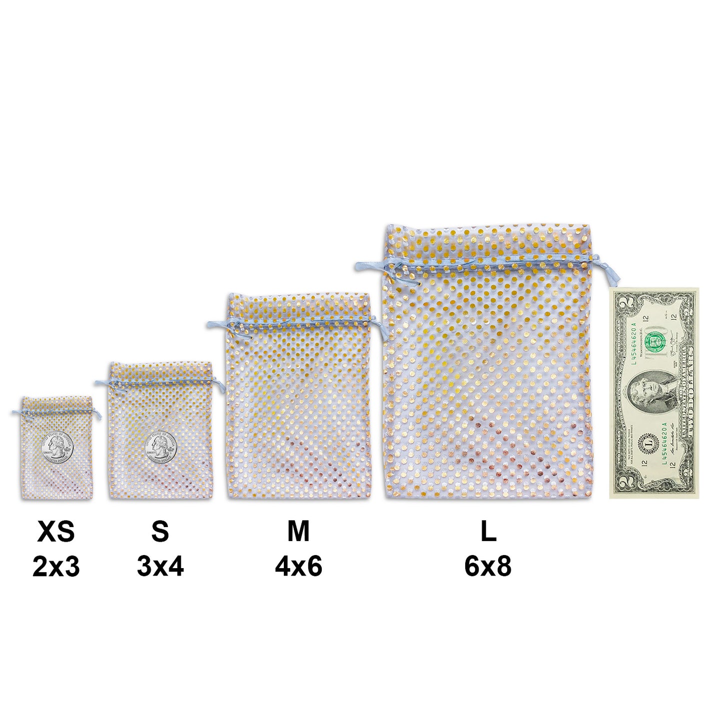 Silver with Gold Polka Dot Organza Drawstring Pouch Gift Bags