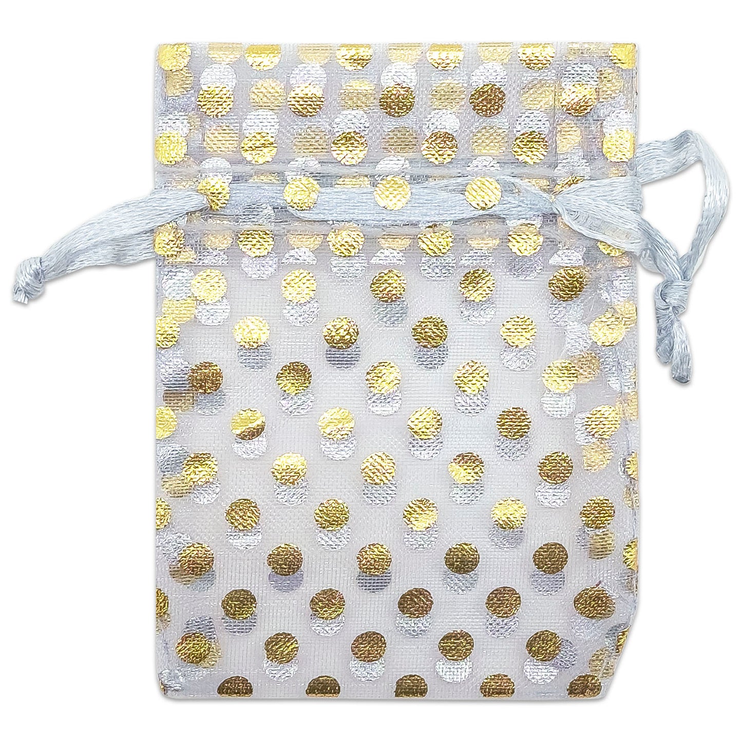 Silver with Gold Polka Dot Organza Drawstring Pouch Gift Bags