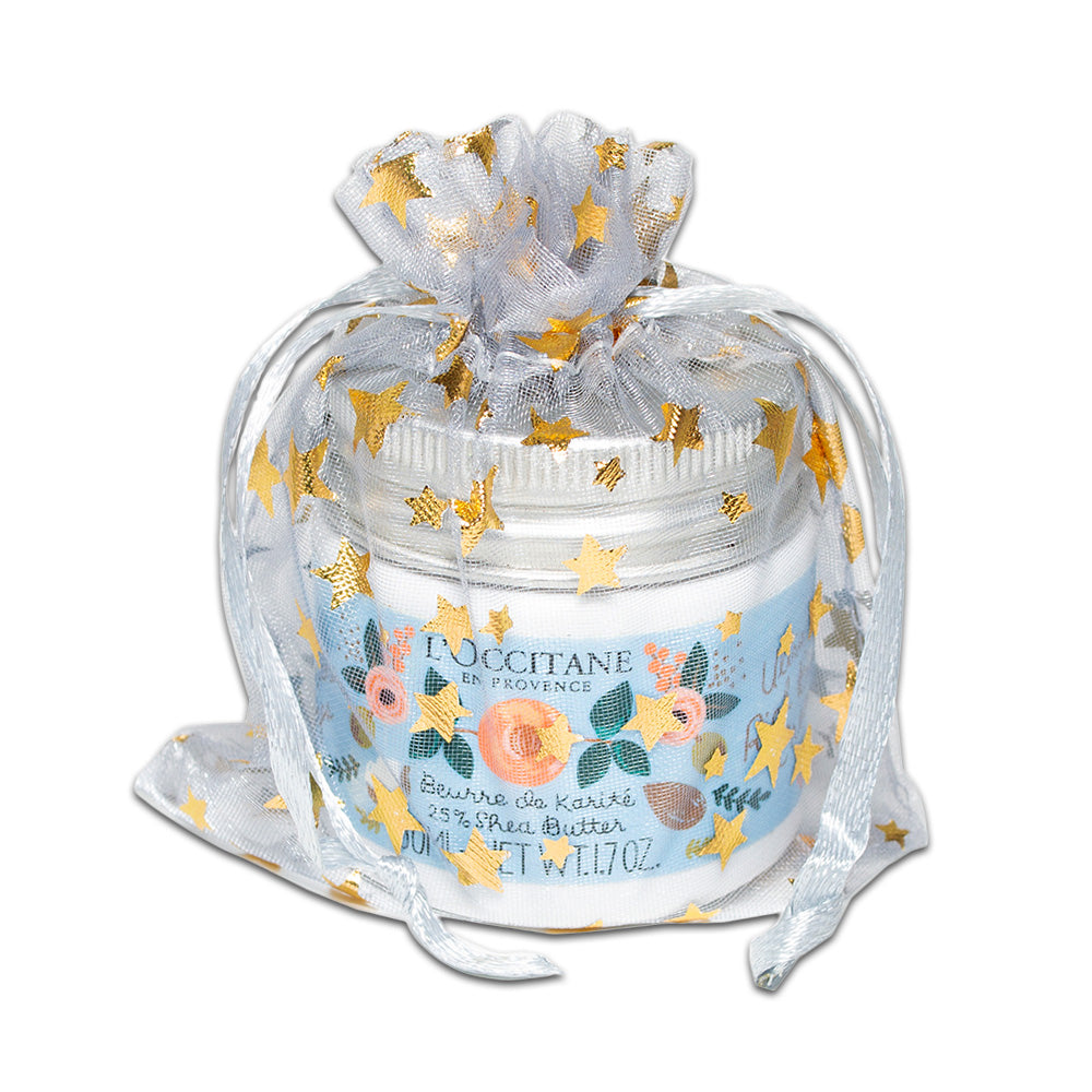 Silver with Gold Star Organza Drawstring Pouch Gift Bags