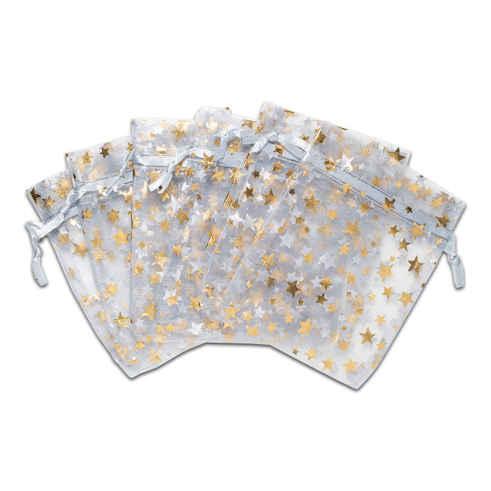 Silver with Gold Star Organza Drawstring Pouch Gift Bags
