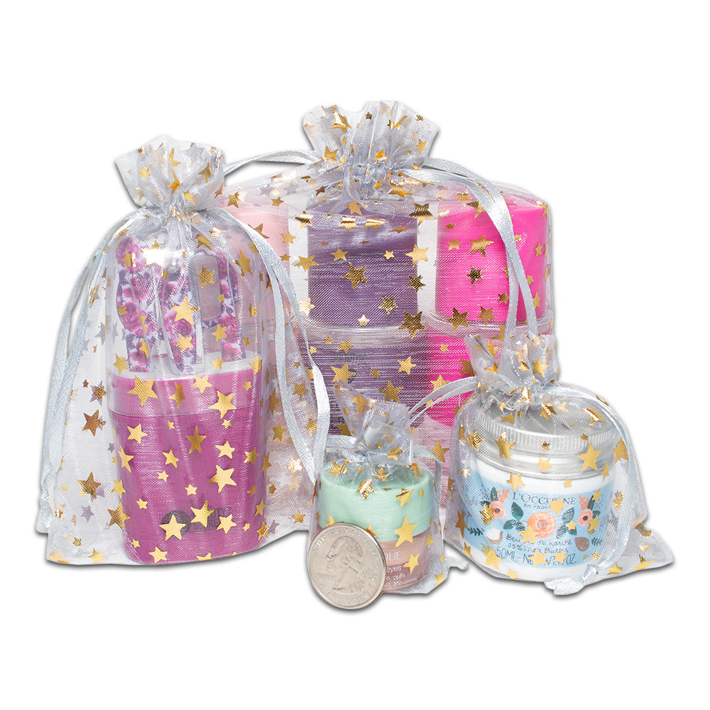 Silver with Gold Star Organza Drawstring Pouch Gift Bags