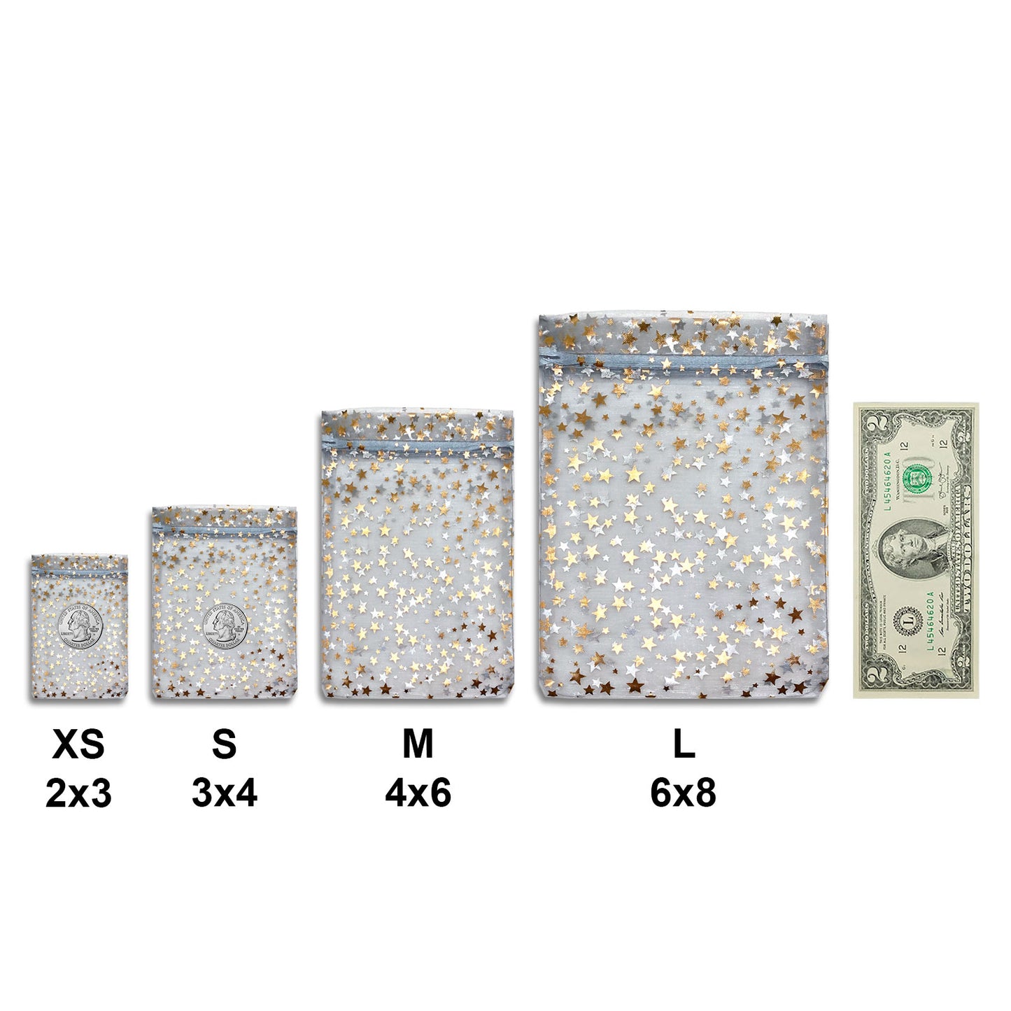 Silver with Gold Star Organza Drawstring Pouch Gift Bags