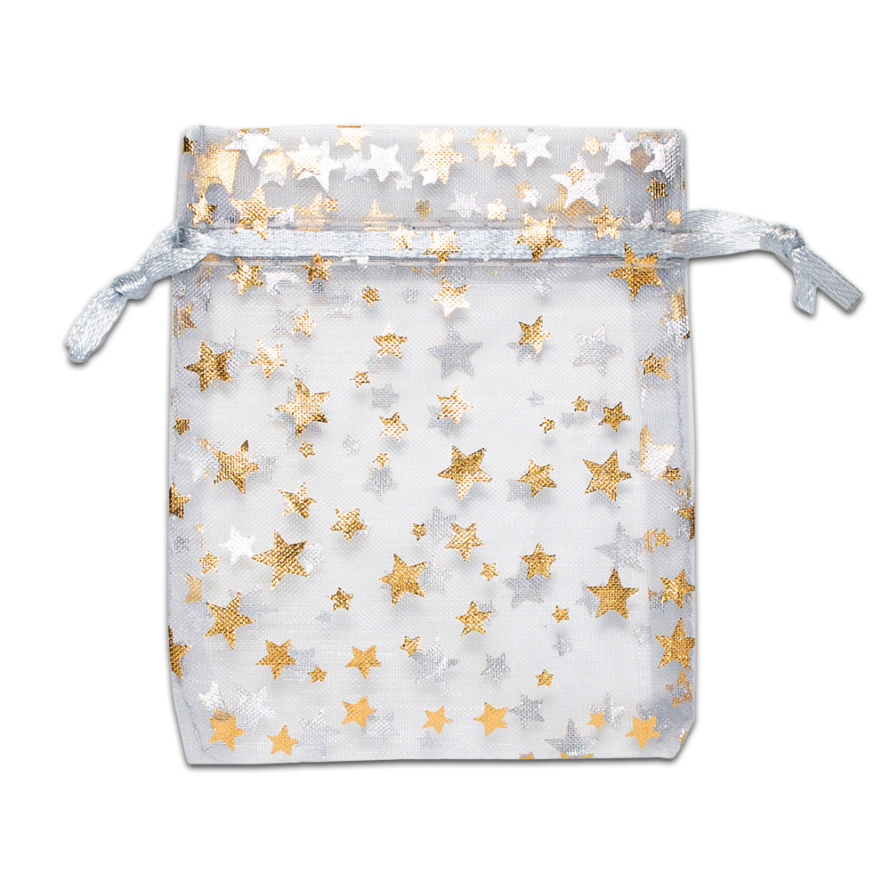 Silver with Gold Star Organza Drawstring Pouch Gift Bags