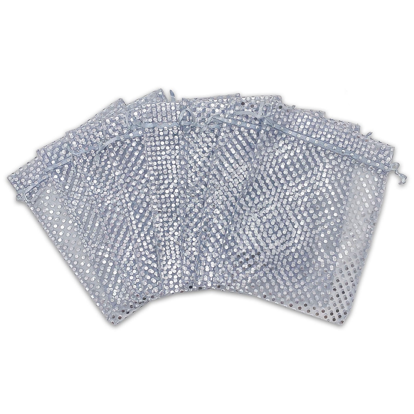Silver with Silver Polka Dot Organza Drawstring Pouch Gift Bags
