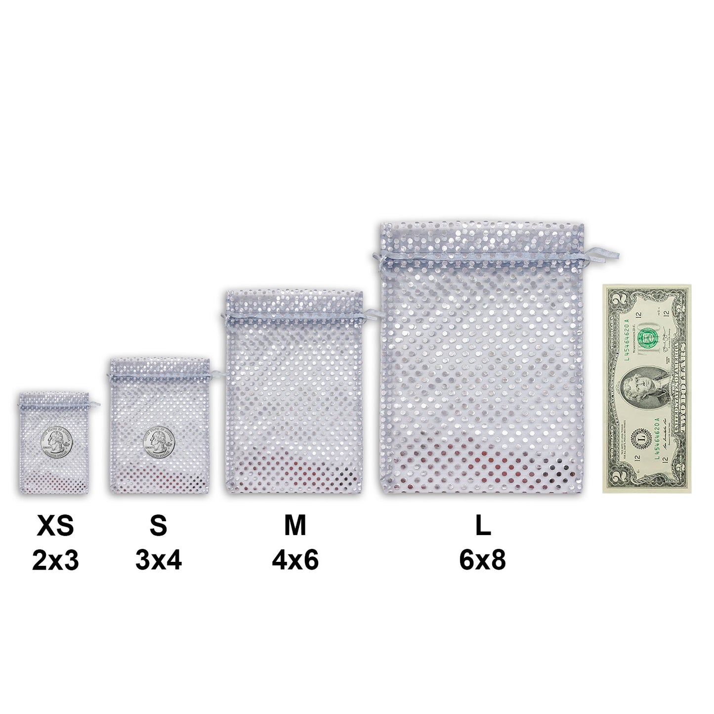 Silver with Silver Polka Dot Organza Drawstring Pouch Gift Bags