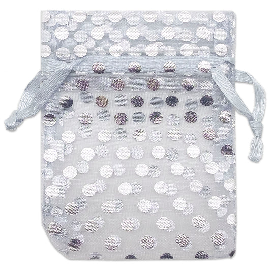 Silver with Silver Polka Dot Organza Drawstring Pouch Gift Bags