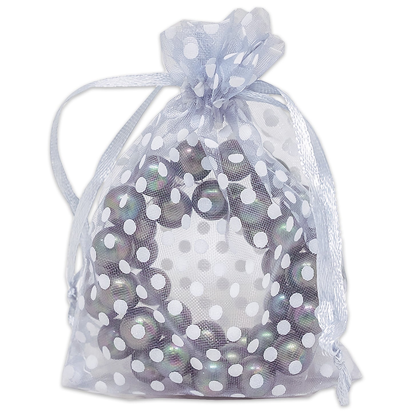 Silver with White Polka Dot Organza Drawstring Pouch Gift Bags