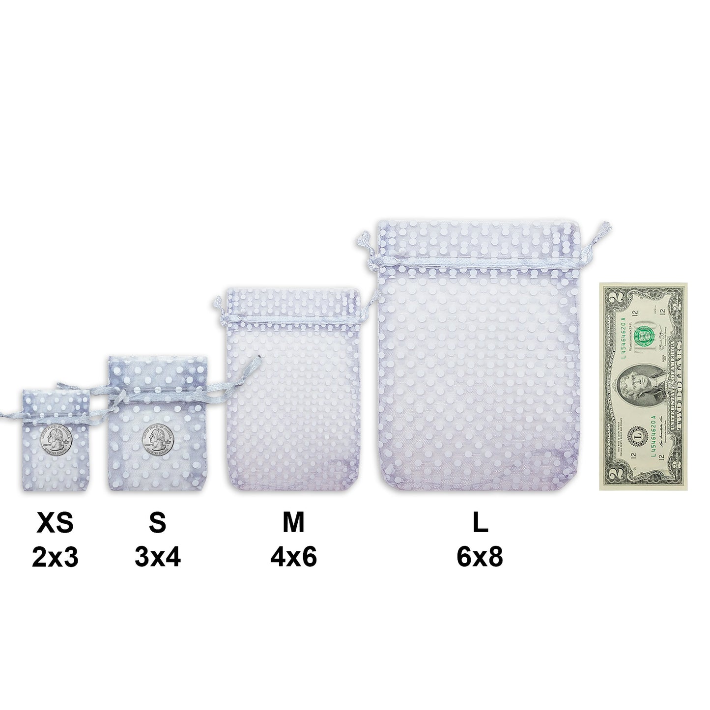 Silver with White Polka Dot Organza Drawstring Pouch Gift Bags