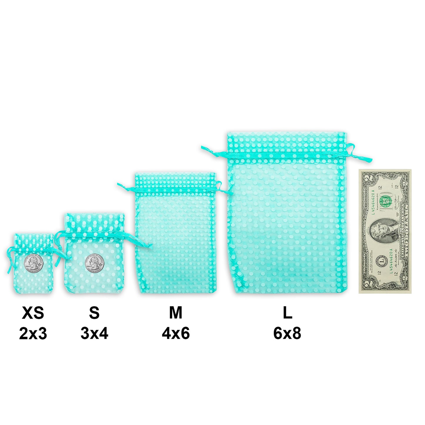 Teal with White Polka Dot Organza Drawstring Pouch Gift Bags