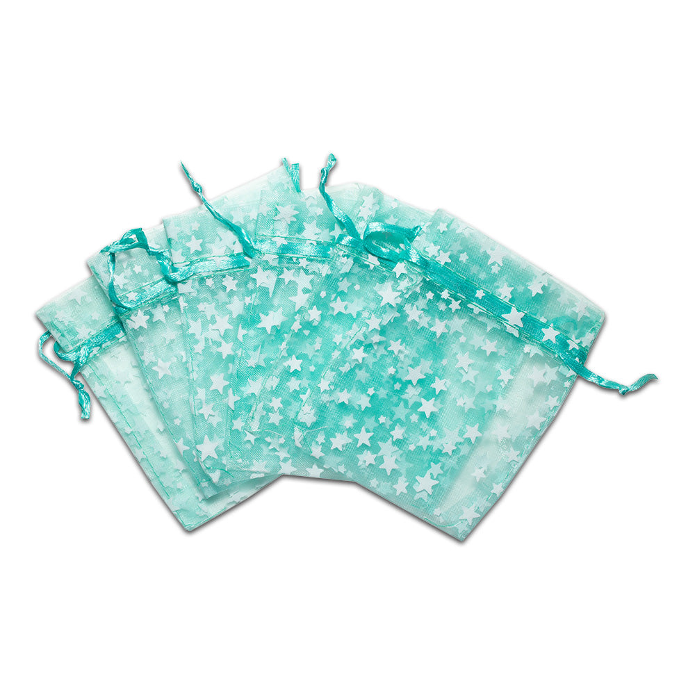 Teal with White Star Organza Drawstring Pouch Gift Bags