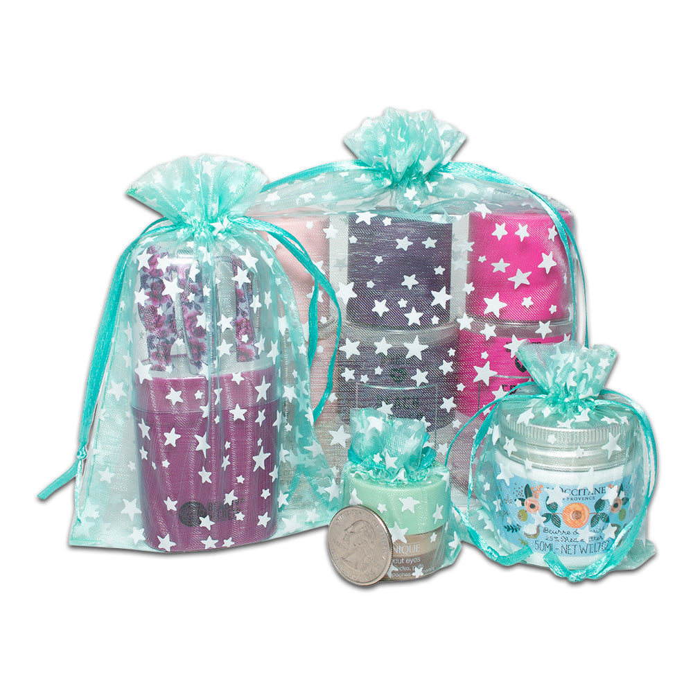Teal with White Star Organza Drawstring Pouch Gift Bags