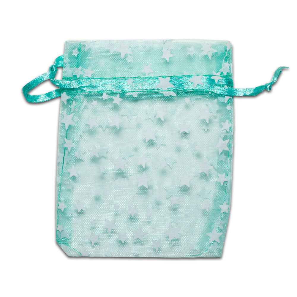 Teal with White Star Organza Drawstring Pouch Gift Bags
