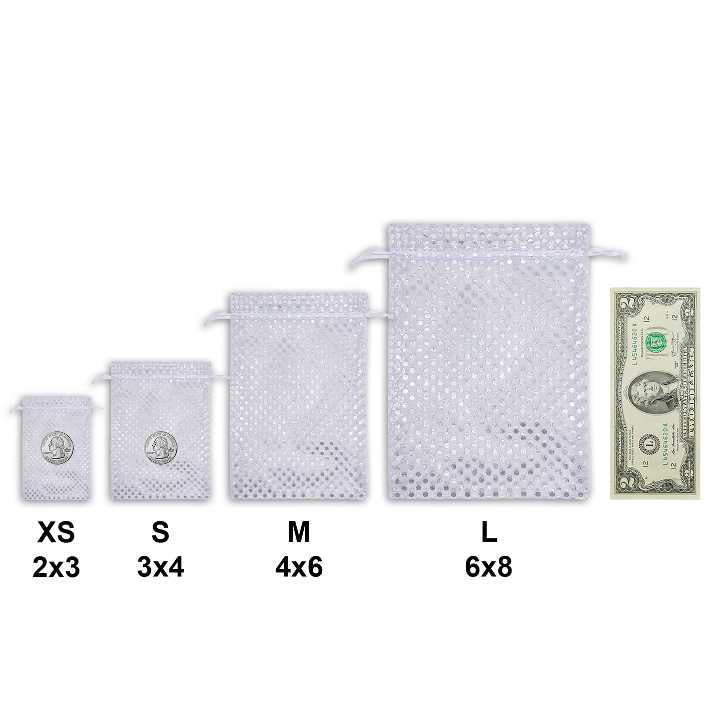 White with Silver Polka Dot Organza Drawstring Pouch Gift Bags