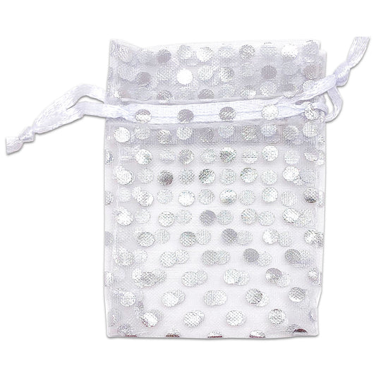 White with Silver Polka Dot Organza Drawstring Pouch Gift Bags