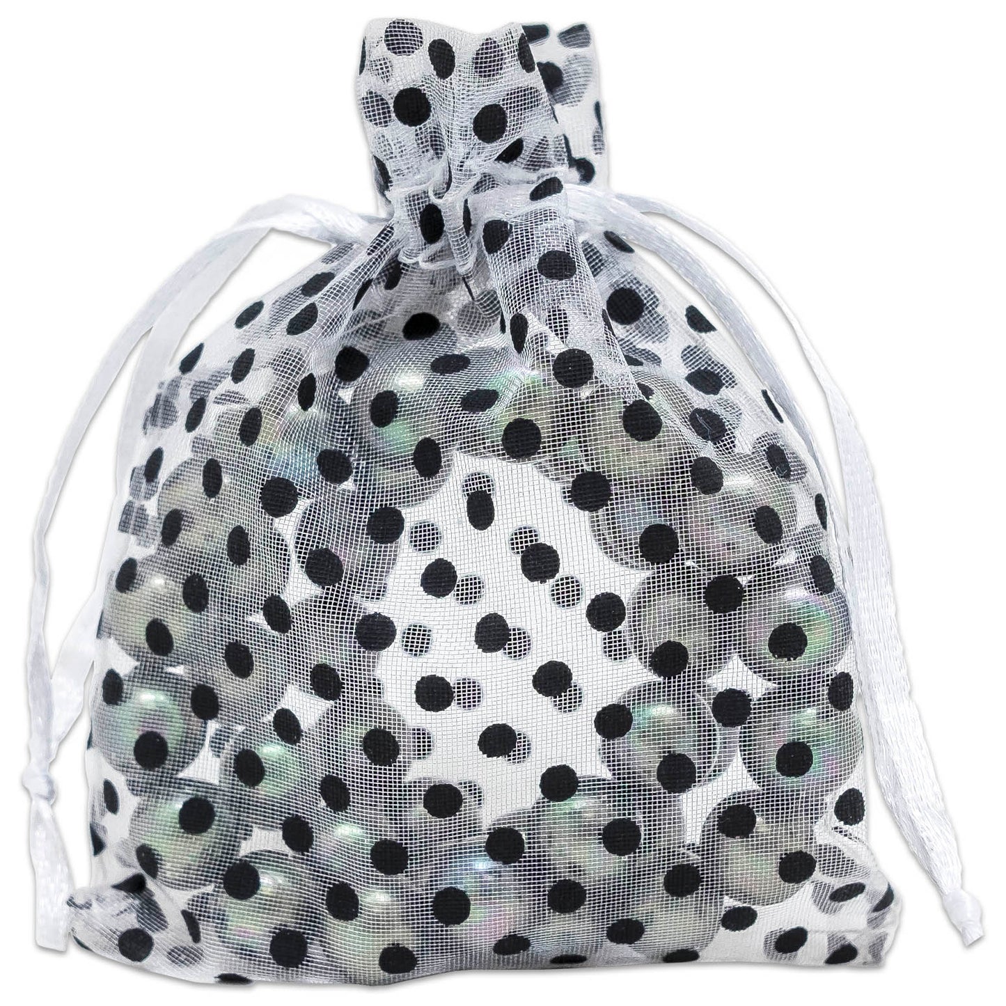 White with Black Polka Dot Organza Drawstring Pouch Gift Bags