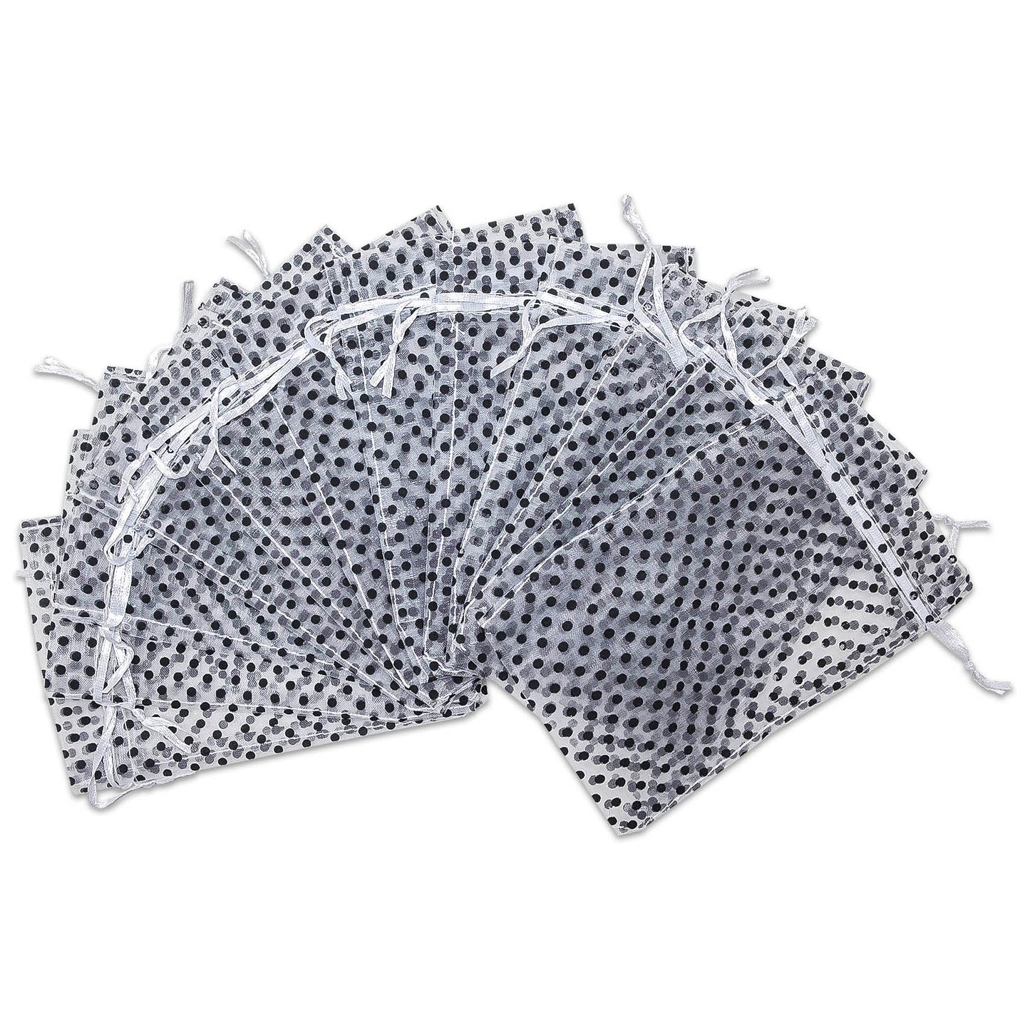 White with Black Polka Dot Organza Drawstring Pouch Gift Bags