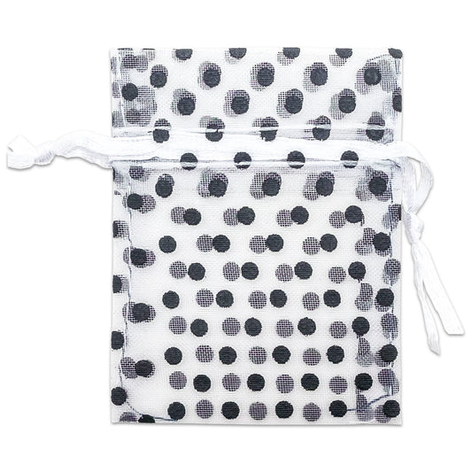 White with Black Polka Dot Organza Drawstring Pouch Gift Bags