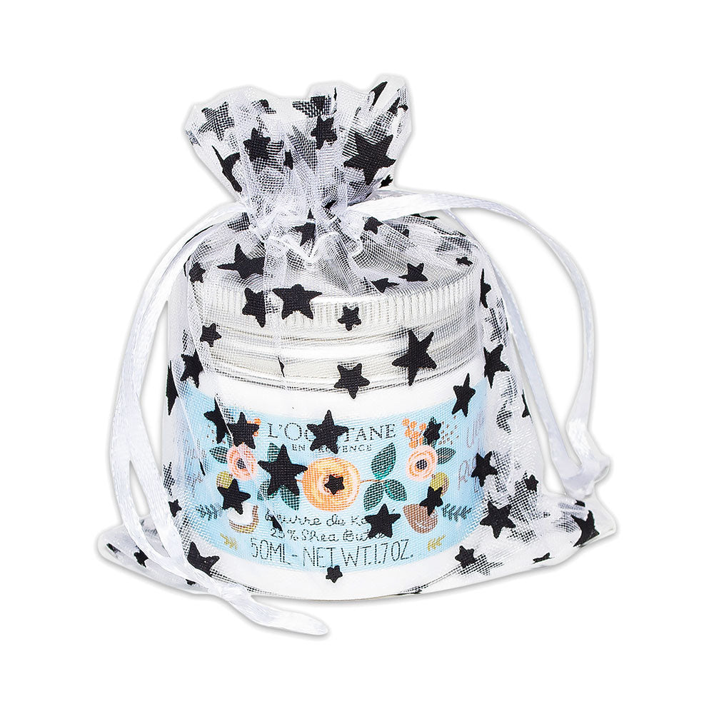 White with Black Star Organza Drawstring Pouch Gift Bags