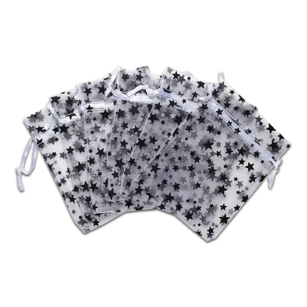 White with Black Star Organza Drawstring Pouch Gift Bags