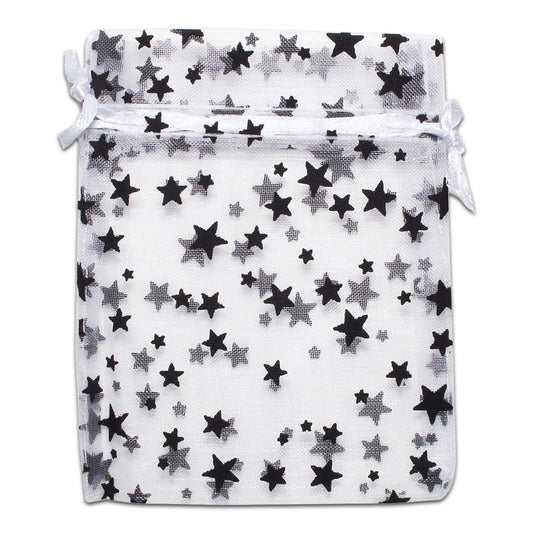 White with Black Star Organza Drawstring Pouch Gift Bags