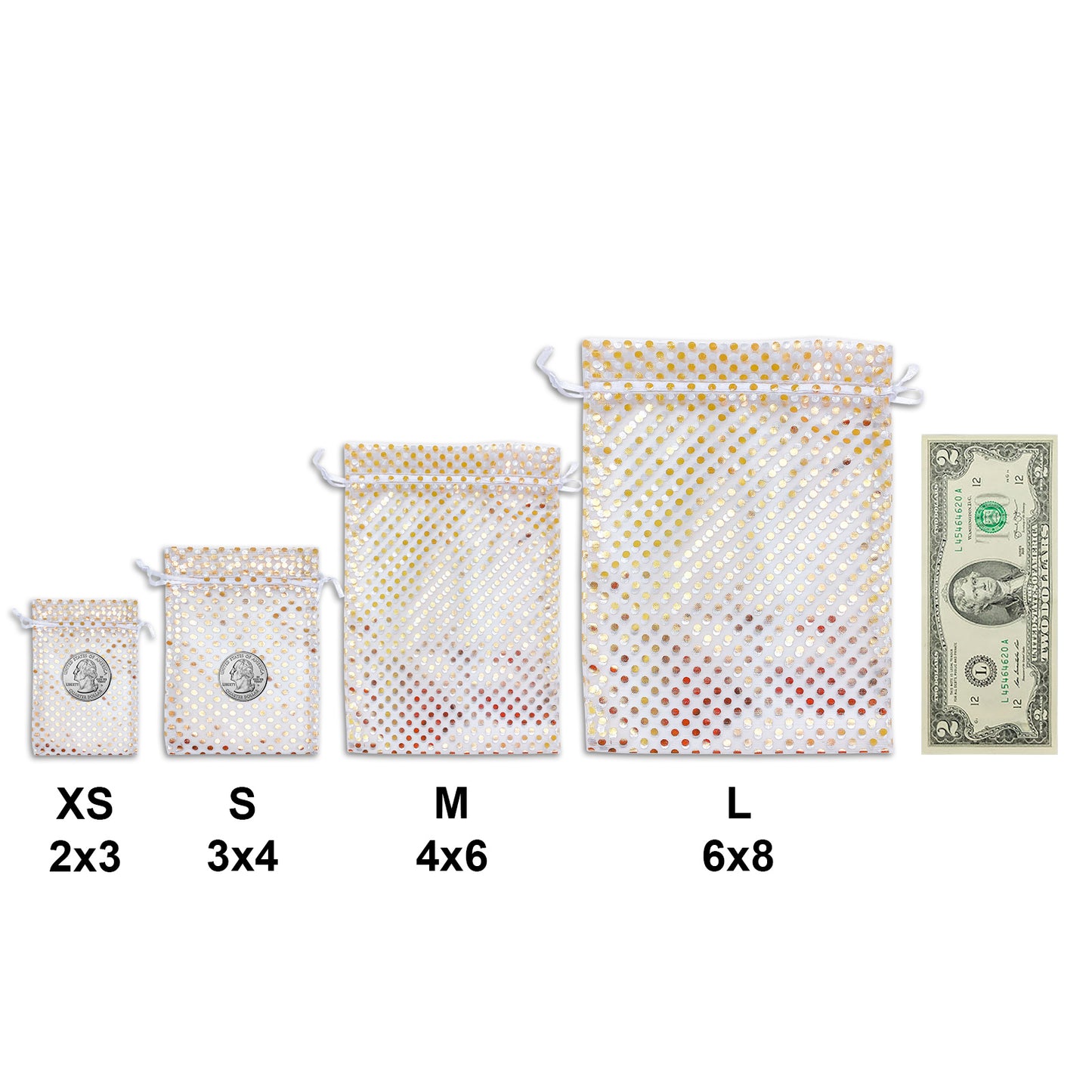 White with Gold Polka Dot Organza Drawstring Pouch Gift Bags