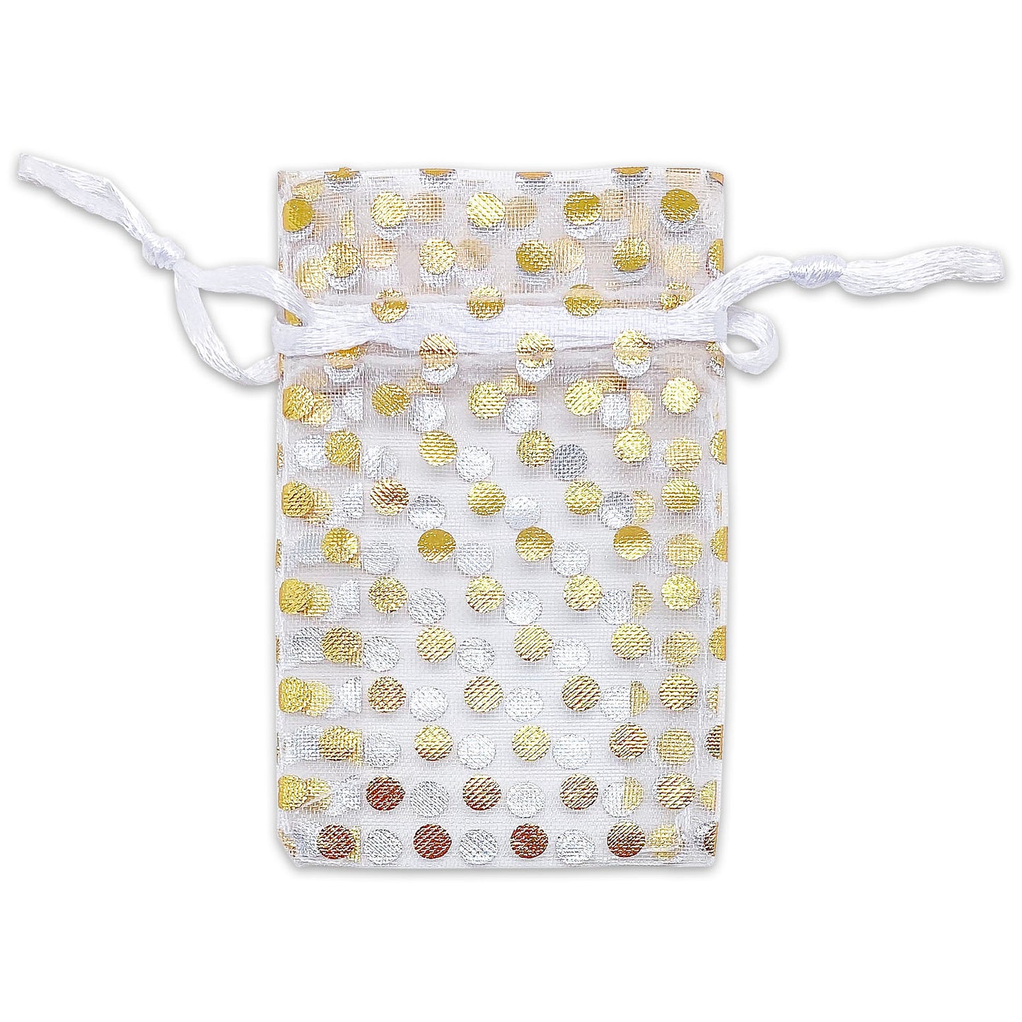 White with Gold Polka Dot Organza Drawstring Pouch Gift Bags