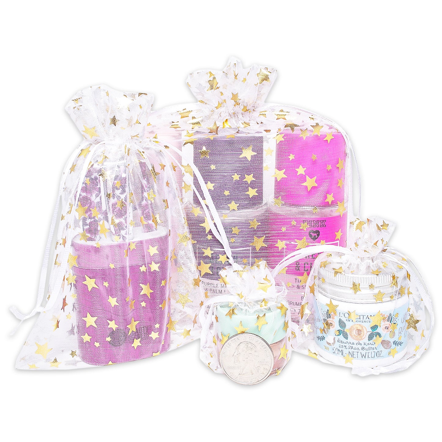 White with Gold Star Organza Drawstring Pouch Gift Bags