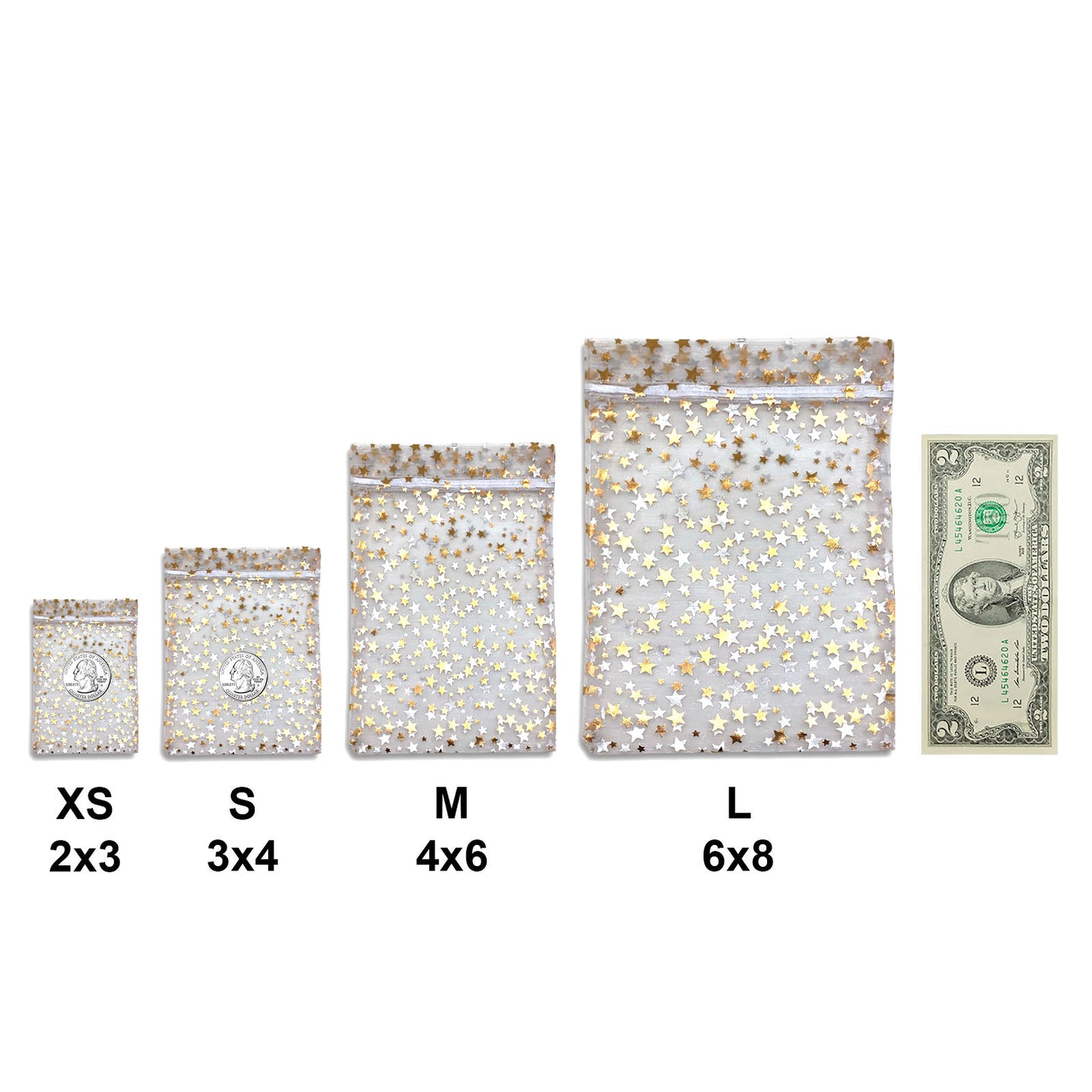 White with Gold Star Organza Drawstring Pouch Gift Bags