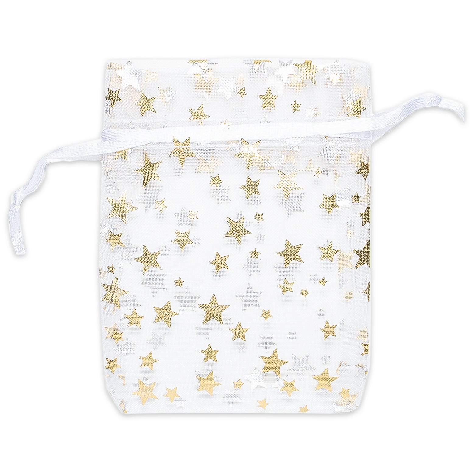 White with Gold Star Organza Drawstring Pouch Gift Bags