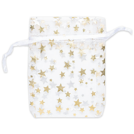 White with Gold Star Organza Drawstring Pouch Gift Bags