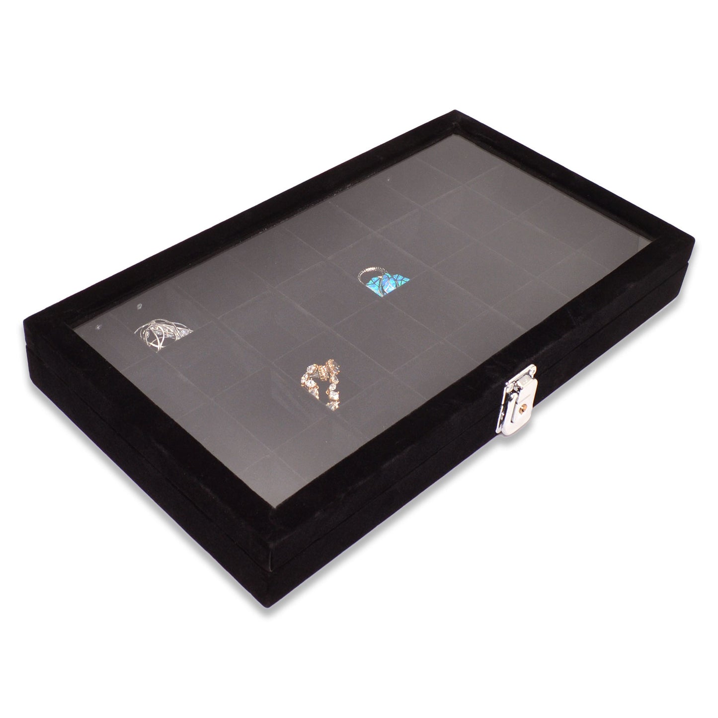 14 3/4" x 8 1/4" 32 Compartment Black Velvet Display Case w/ Glass Top and Key