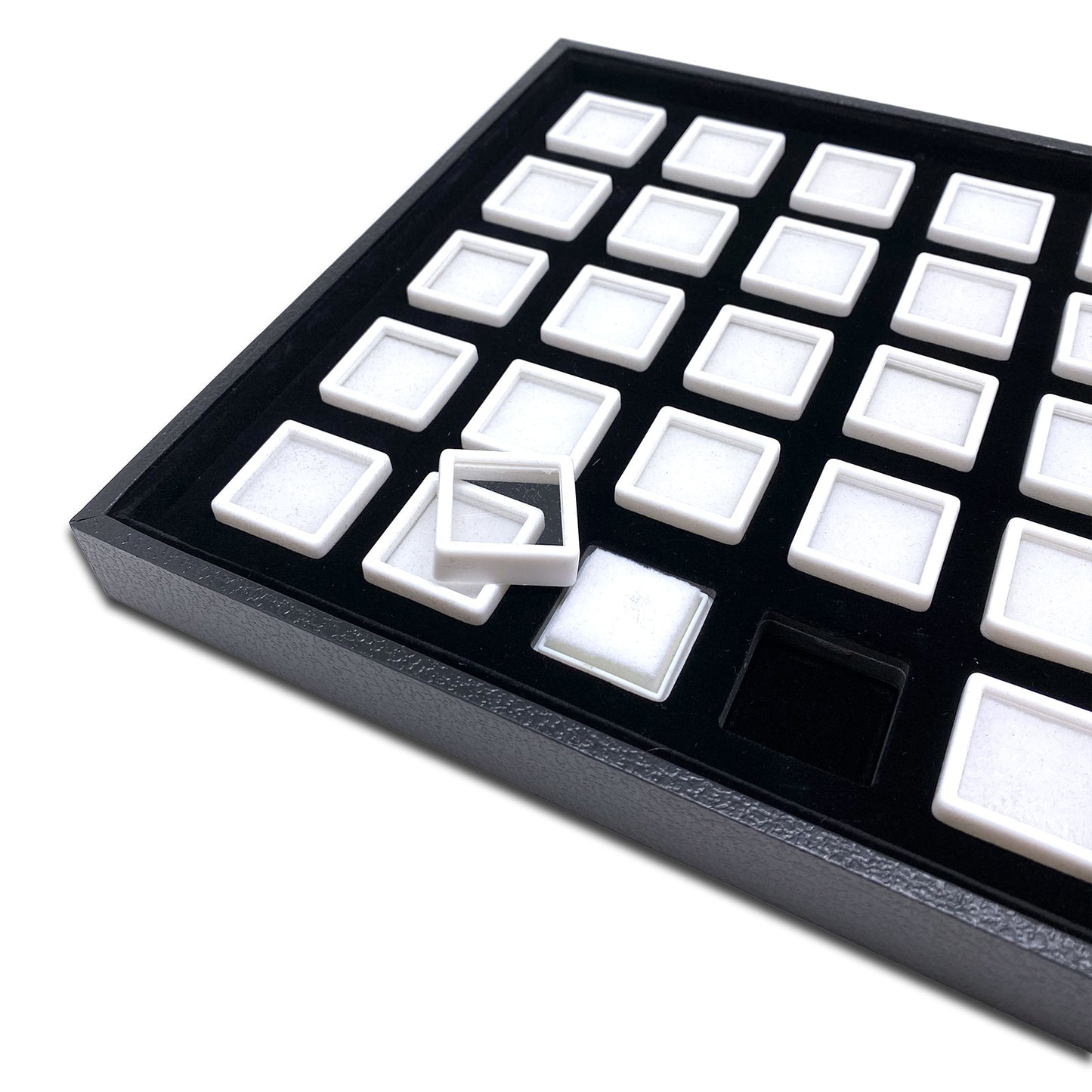 35 White Gemstone Boxes with Black Wood Tray