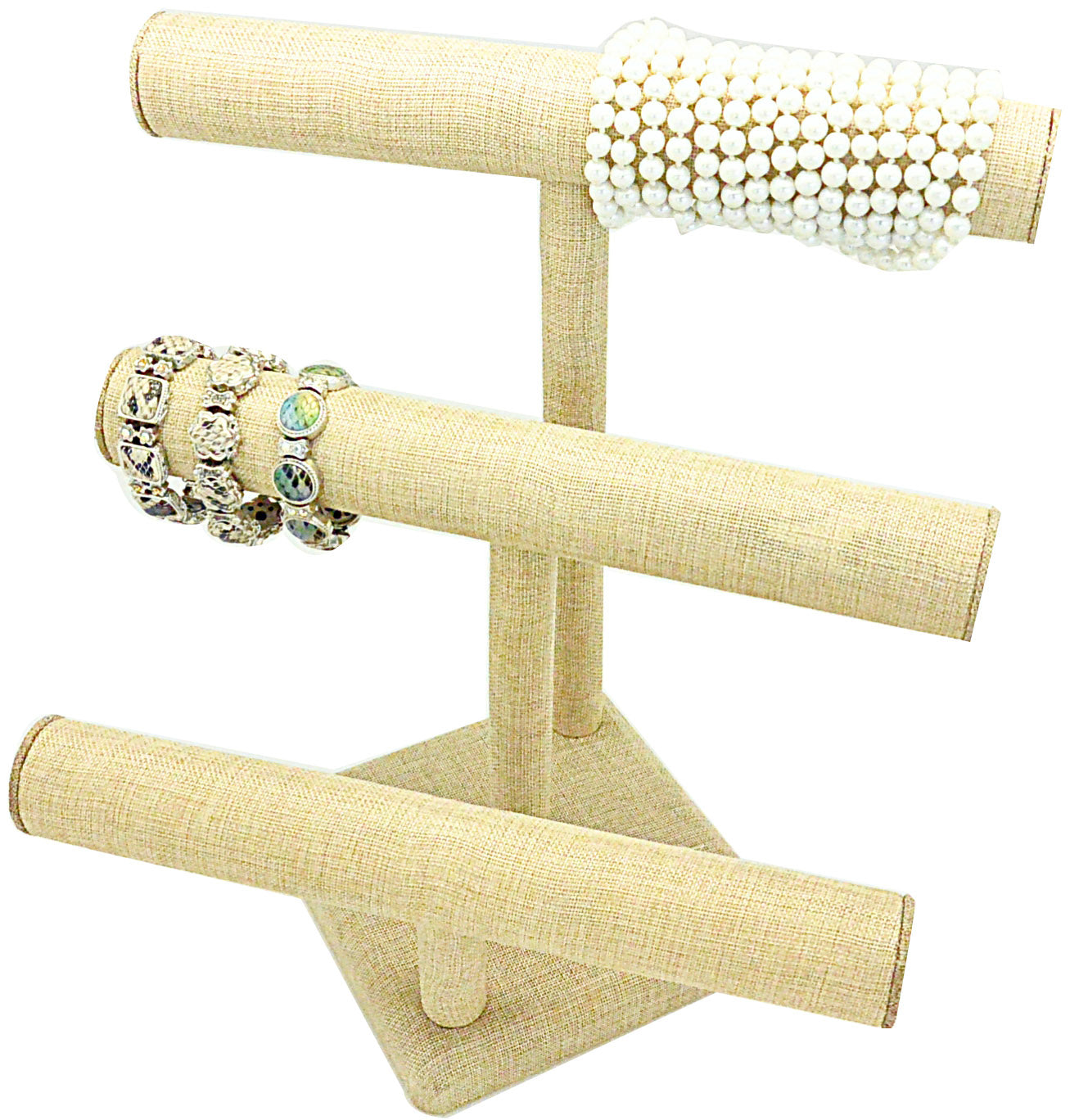 12"WX12"H Deluxe Beige Burlap 3 Round T-Bars Jewelry Display