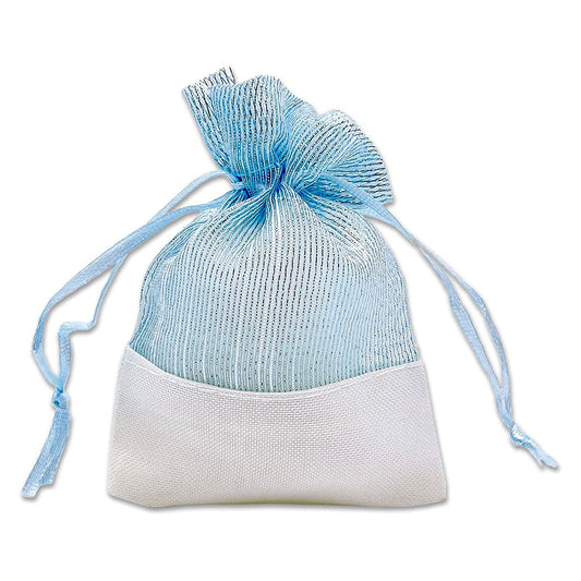 Light Blue Organza and White Linen Drawstring Pouch Gift Bags