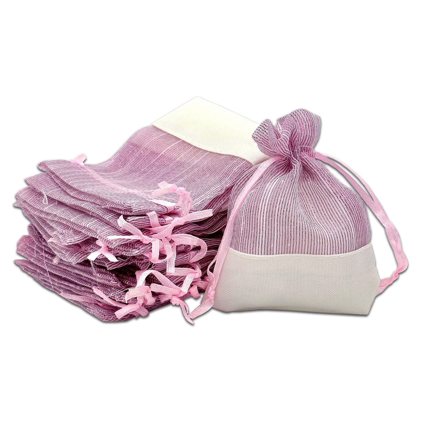 Pink Organza and White Linen Drawstring Pouch Gift Bags
