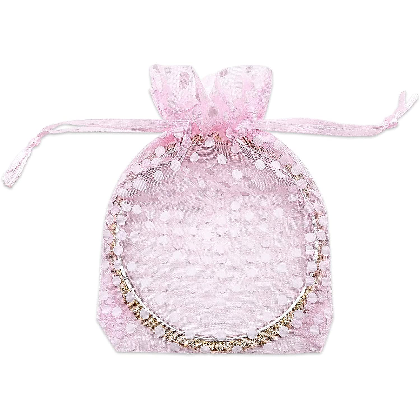 Pink with White Polka Dot Organza Drawstring Pouch Gift Bags