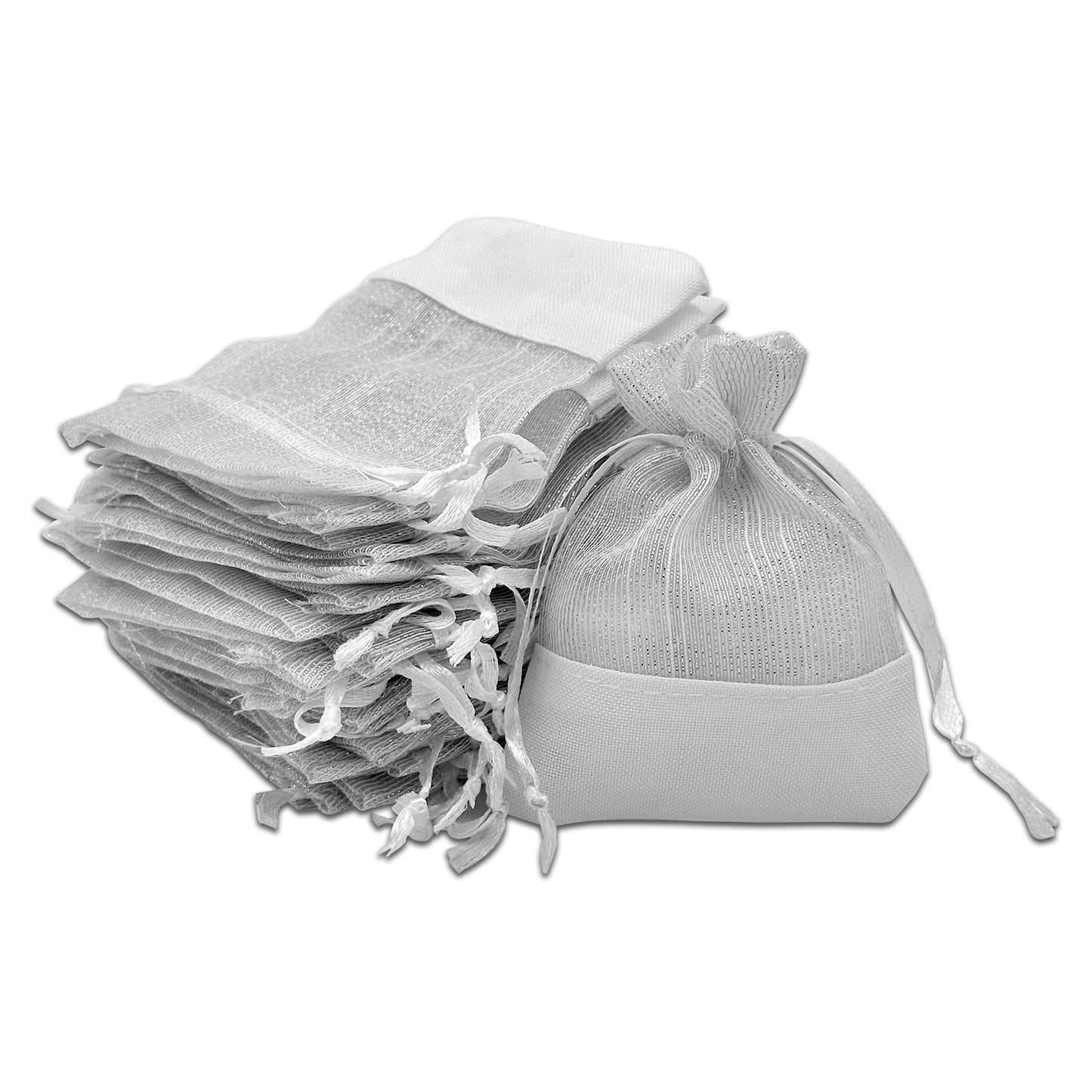 White Organza and Linen Drawstring Pouch Gift Bags