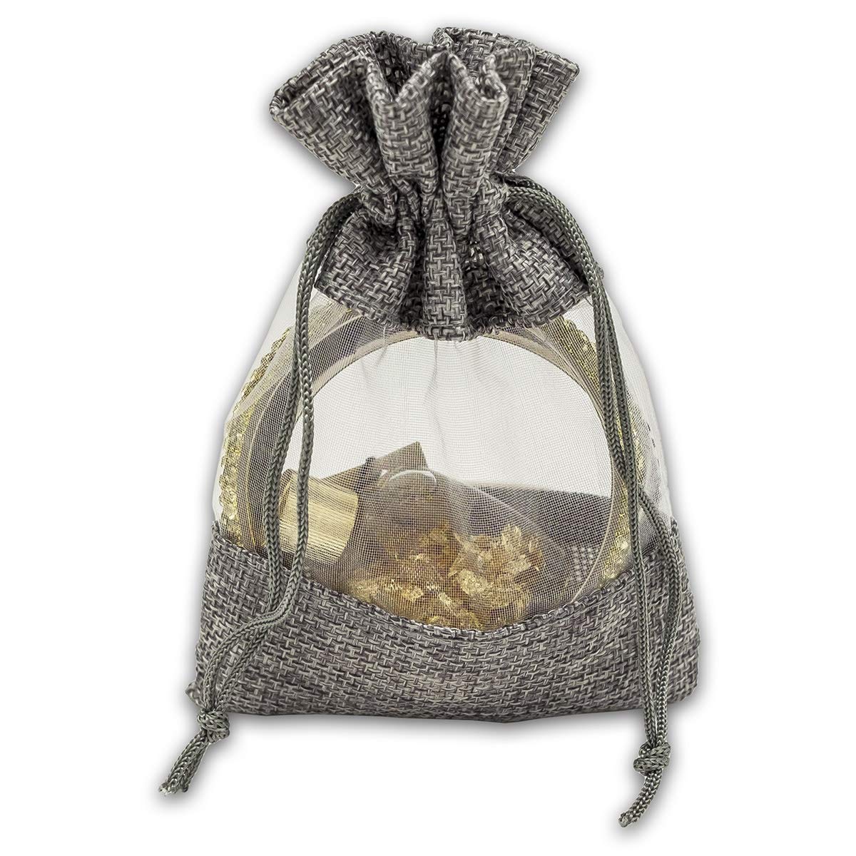 4" x 5" Linen Burlap and Sheer Organza Gray Gift Bag